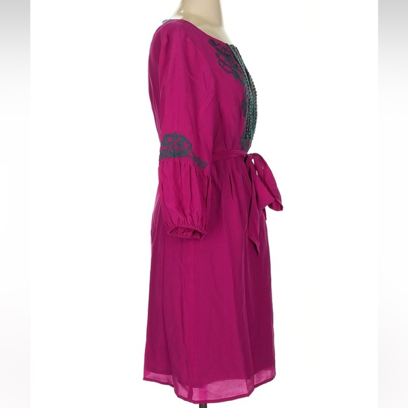 Nanette Lepore Magenta 100% Silk Embroidered Shift Dress Size 4 Small Boho Chic - Picture 4 of 7